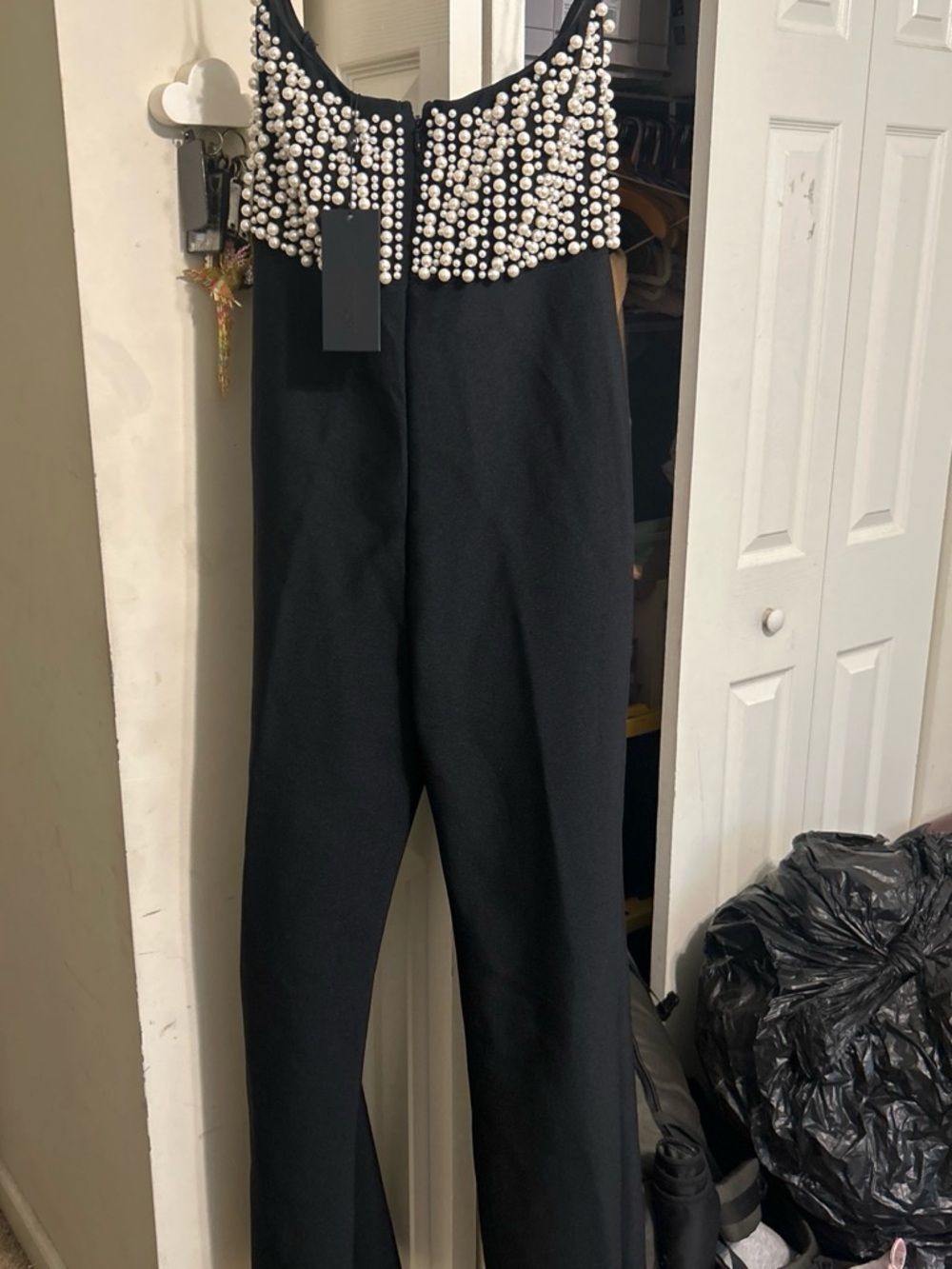 Fashion Nova Black Wide-Leg Jumpsuit with Pearl Embellishment - Picture 5 of 6